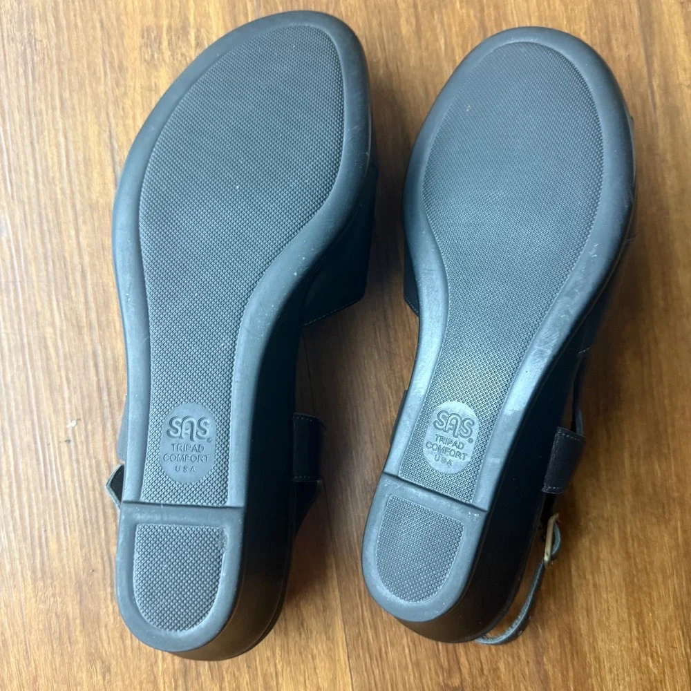 SAS Caress Cross Strap Wedge Sandal Black Leather Womens 7.5M Comfort Support - Picture 6 of 9